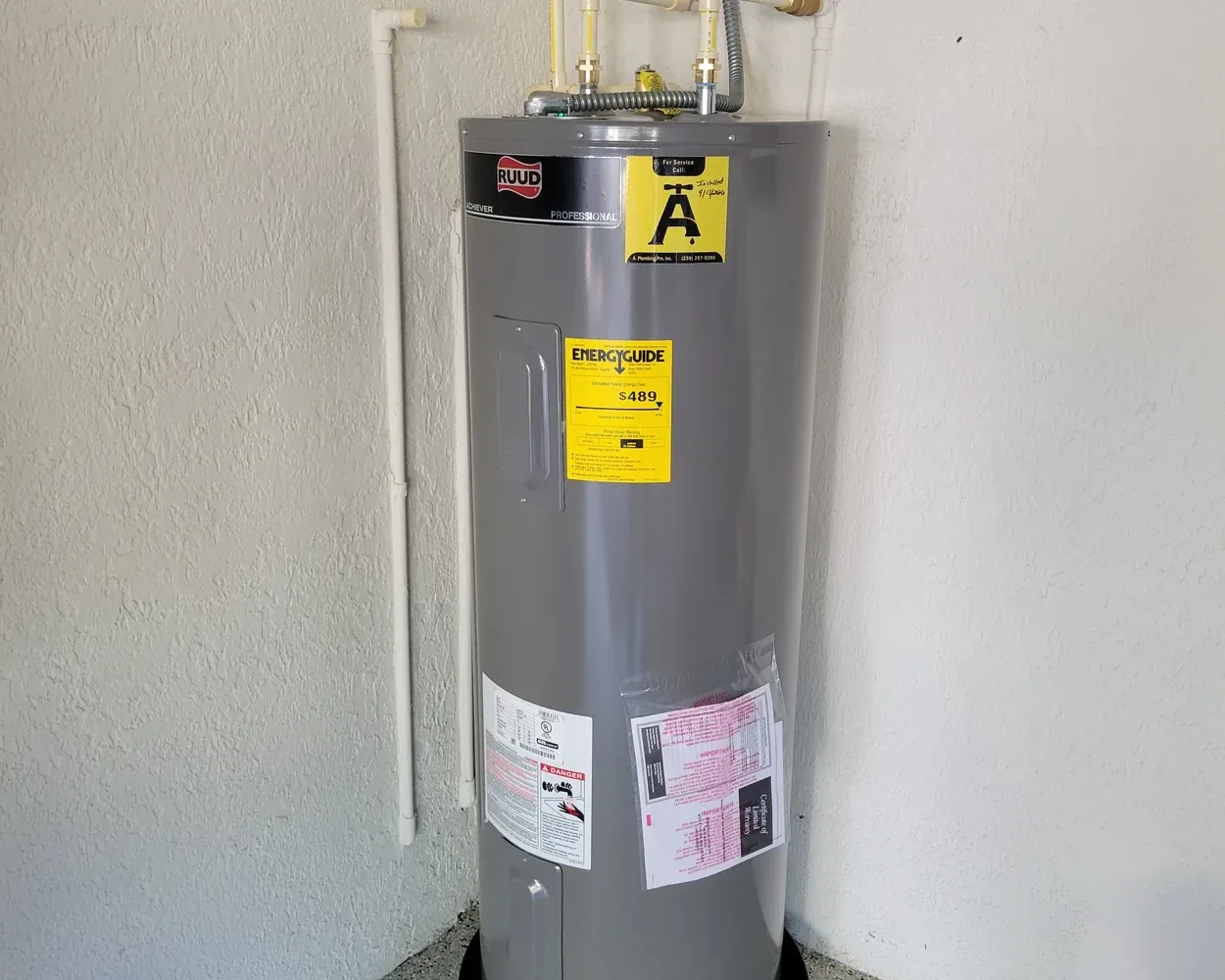 Ruud electric water heater installed by A. Plumbing Pro